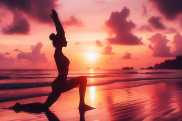 Fototapeta premium A silhouette of a person practicing yoga on a beach at sunset
