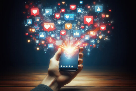 A hand holding a smartphone with various social media reaction icons like likes and hearts emerging from the screen