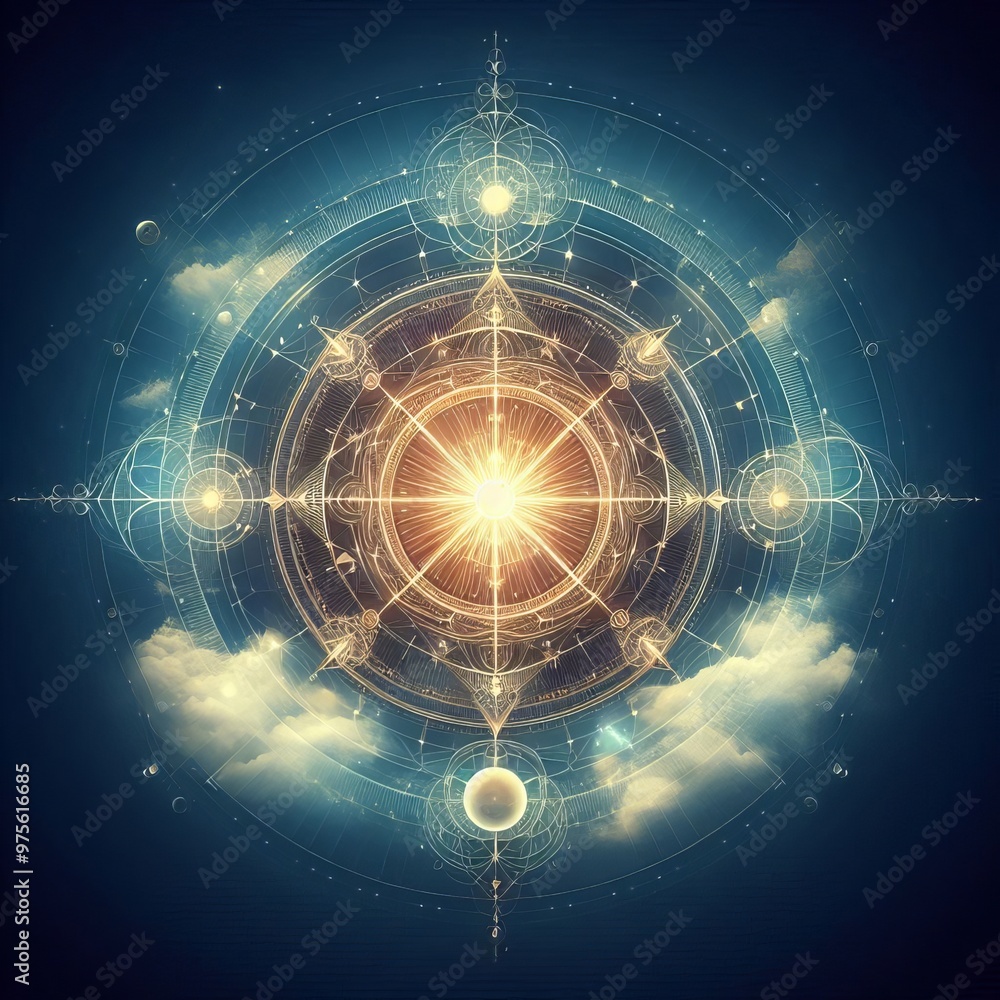 Poster a celestial compass with a radiant center is surrounded by intricate geometric patterns and cosmic e