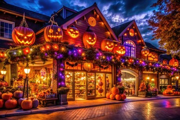 Fototapeta premium A spooky and festive nighttime scene featuring a sprawling Halloween-themed store with a grand entrance, illuminated by bright orange and purple lights and decorations.