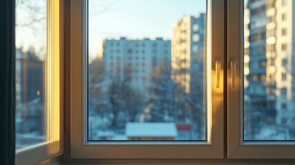 Glass window winter view corner metal frame with plant in outdoor modern architecture