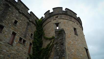 Obraz premium Medieval castle tower with ivy rough stone walls and narrow windows against a cloudy sky