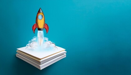 Rocket launching from stack of paperwork startup beginnings business concept cartoon art