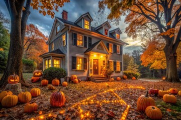 Obraz premium A spooky autumn evening scene of a colonial-style house with glowing jack-o'-lanterns, spider webs, and eerie lighting, surrounded by fallen leaves and autumn foliage.