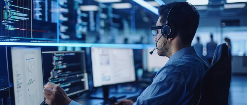 A professional in a high-tech security operations center monitors screens displaying codes and activity, showcasing vigilance in cybersecurity.