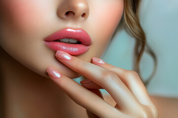 Obraz premium An attractive model shows how to do a french manicure. Cosmetics, beauty, makeup, and nail care skills are displayed.