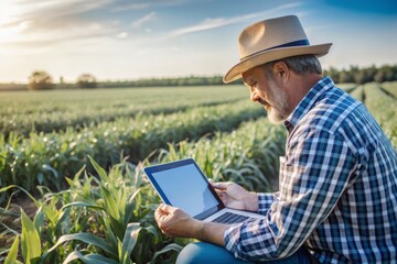 Farmer Using Tablet in Lush Field at Sunset.  Embracing Data-Driven Agriculture