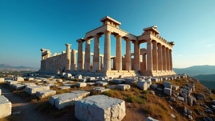Fototapeta premium Ancient Greek temple ruins on hill under blue sky