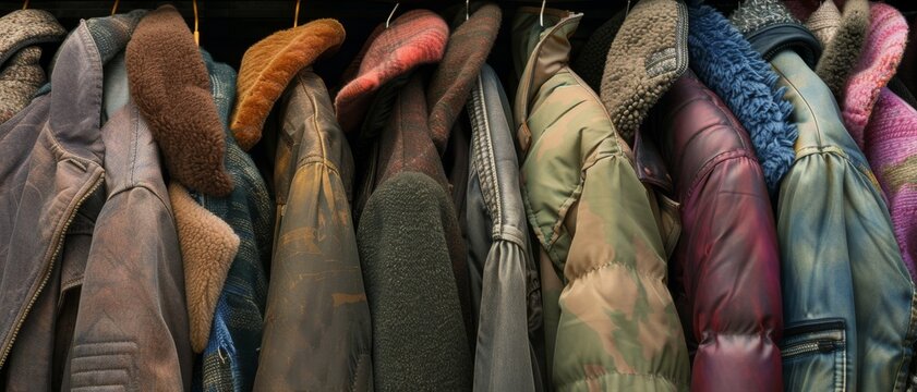 A vibrant collection of winter coats in various colors and textures hangs on a black metal rod, showcasing a cozy and eclectic fashion sense.