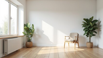 Minimalist Scandinavian living room with light wood floors white walls and abundant natural light