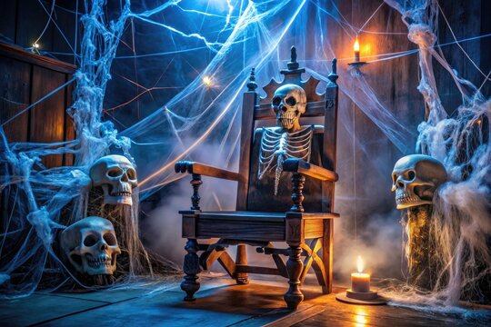 A spooky electric chair, adorned with cobwebs, skeletons, and eerie lighting, creates a chilling centerpiece for a haunted house or Halloween party decor.