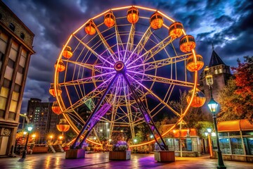 A spooky Ferris wheel stands still amidst a deserted and dimly lit downtown area, decorated with orange and purple lights and cobwebs, on Halloween night.