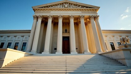 Neoclassical courthouse with grand steps and columns in golden light