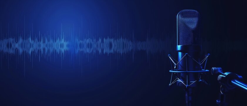 A professional microphone set against a cool-toned blue backdrop with sound waves visualized in the background, emphasizing high-quality audio recording.