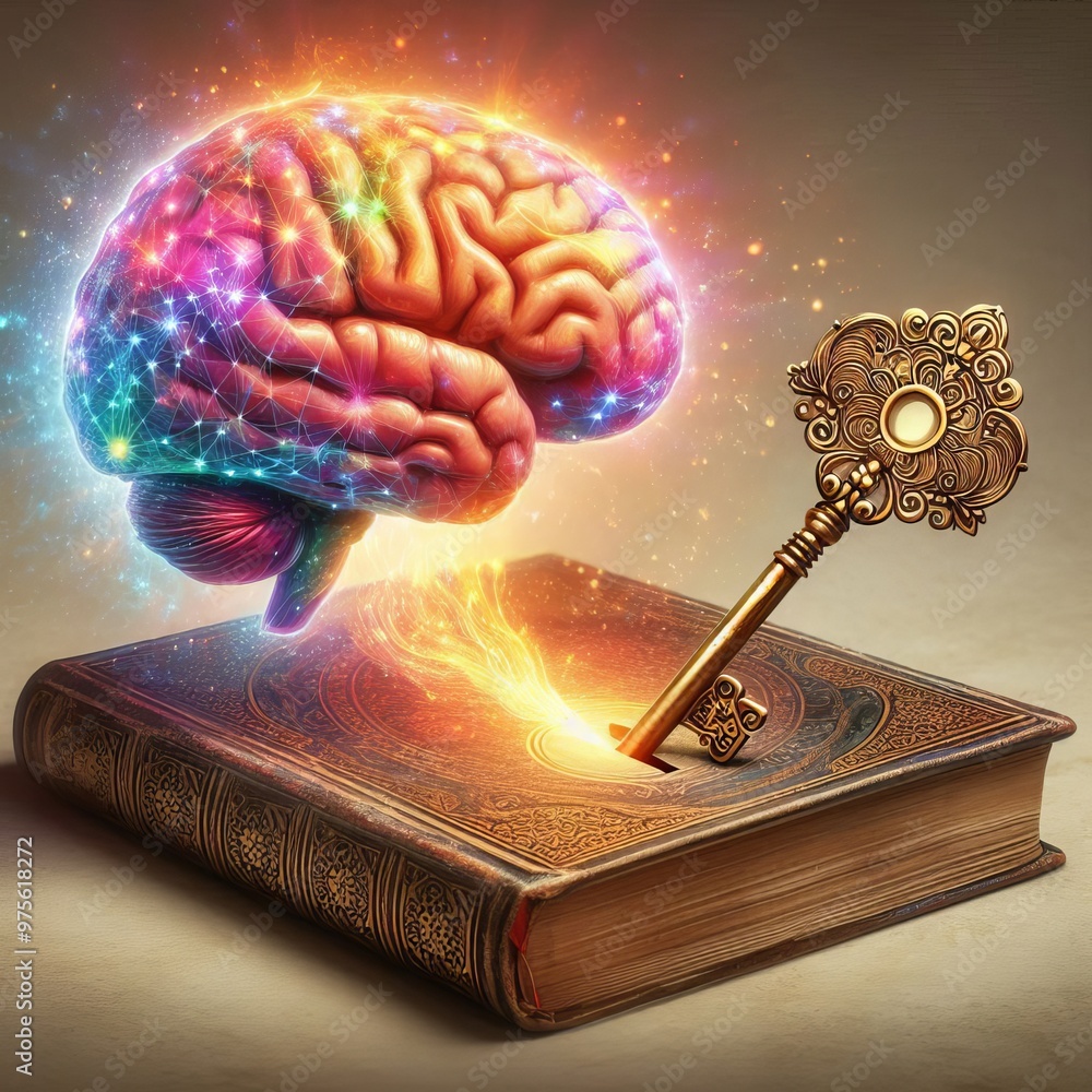 Poster a vibrant, glowing brain hovers above an ancient book with an ornate key unlocking its secrets. this