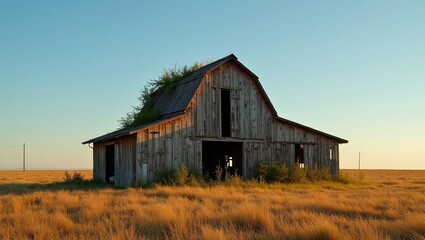 Obraz premium Rustic barn in open field bathed in warm afternoon light