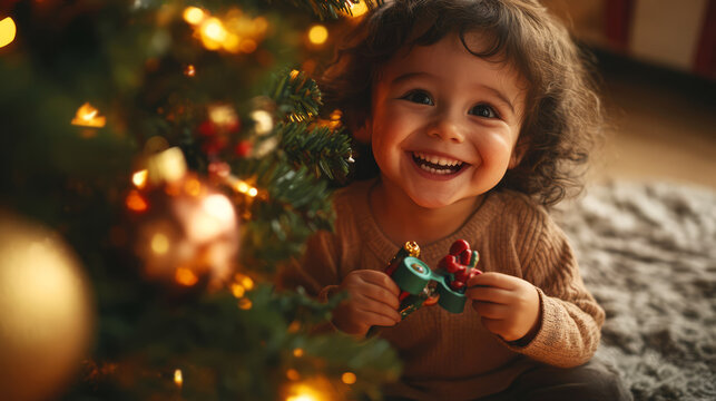 Happy Little Girl Playing With Toy Under Christmas Tree.
