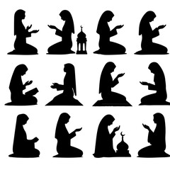 set silhouettes of Muslim women praying  on a white background