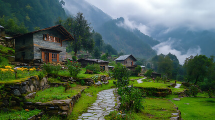 Obraz premium A Himalayan village setting with locals using medicinal plants for traditional remedies, showing the integration of herbs in daily life 