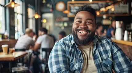 A plus-size man socializing with friends at a caf&eacute;, highlighting friendship, social interaction, and a relaxed atmosphere. The image captures joy and connection in a casual setting, banner  copyspace