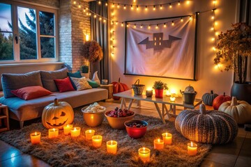 Obraz premium A spooky-ooky movie night setup featuring a projector, screen, and comfy blankets, surrounded by festive decorations and trick-or-treat buckets filled with candy.