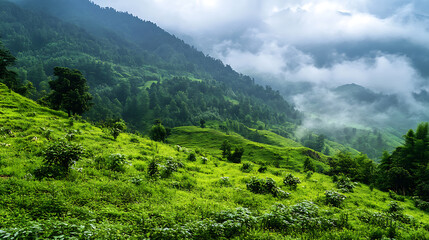 Obraz premium A lush Himalayan landscape with various medicinal plants growing naturally in the wild, highlighting their natural habitat 