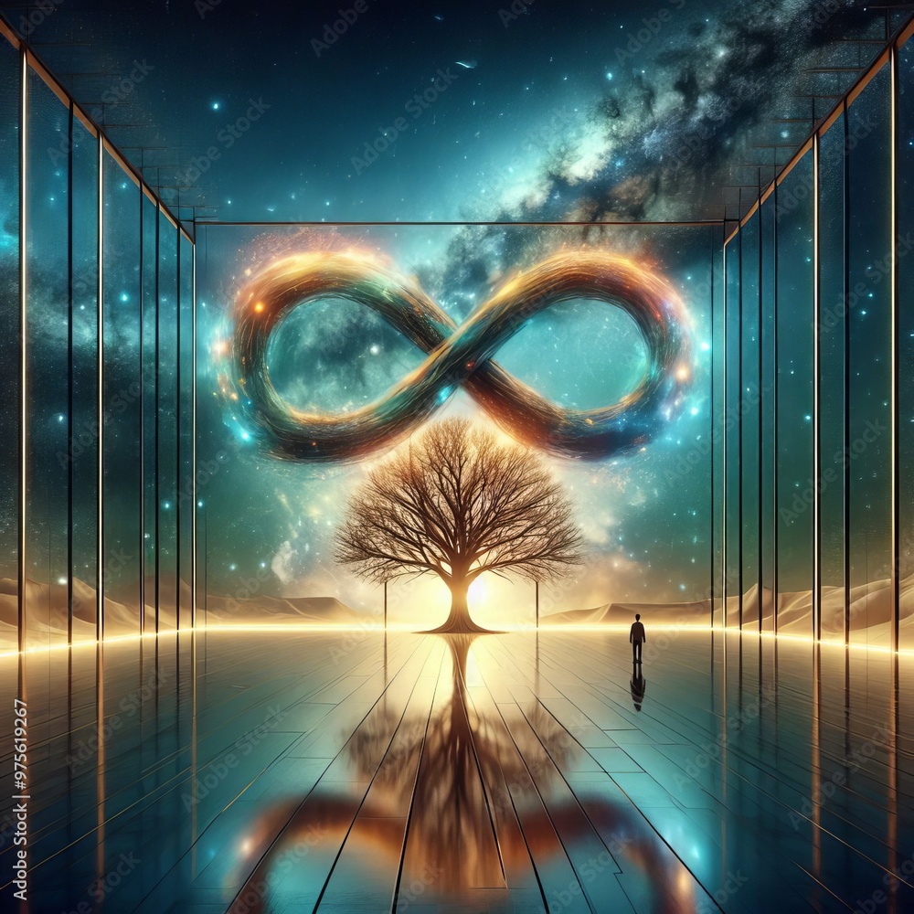 Poster a visually stunning image featuring an infinite symbol intertwined with a tree, set within a futuris