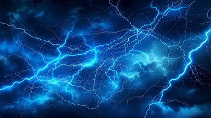 An electrifying scene of neon blue lightning strikes, with intricate branching patterns glowing brightly against a stormy sky backdrop.