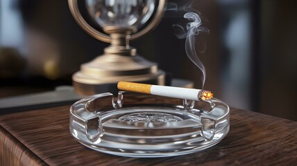 Close-Up of a Lit Cigarette Resting in a Glass Ashtray with Rising Smoke