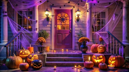 Obraz premium A spooky purple-lit porch displays a sign reading 