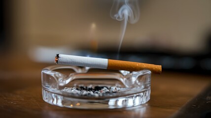 Close-Up of a Lit Cigarette Resting in a Glass Ashtray with Rising Smoke