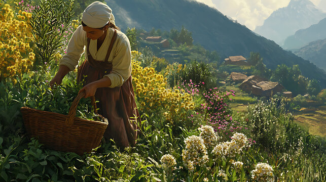 An herbalist harvesting medicinal plants in the Himalayan foothills, with a basket full of herbs and a picturesque landscape 