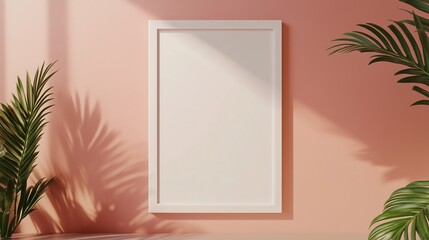 Blank white wooden frame mockup on pink wall with plant decoration