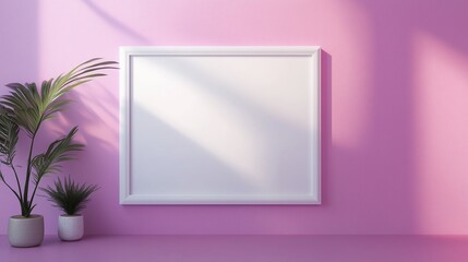 Blank white wooden frame mockup on purple wall with plant decoration