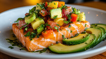 The salmon tartare is presented with avocado and herbs, offering a refreshing and sophisticated appetizer.