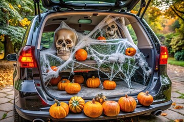 A spooky-themed car trunk decorated with artificial spider webs, plastic skeletons, and orange pumpkins, creating a festive and eerie atmosphere for Halloween celebrations.