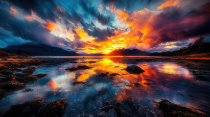 The sky is ablaze with the final light of the day, reflecting on the water below in a stunning display.