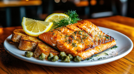 The smoked salmon plate features thin slices of salmon with lemon, dill, and capers, ready to be enjoyed with crusty bread.