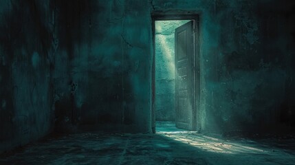 Obraz premium Dramatic and moody image of an ominous dark interior with a mysterious beam of light illuminating an abandoned dilapidated doorway or archway creating a sense of suspense and the unknown