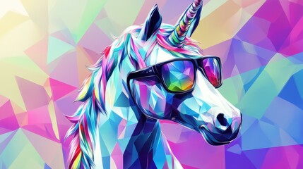 Vibrant, angular unicorn with trendy sunglasses and headphones, against a dynamic, geometric background