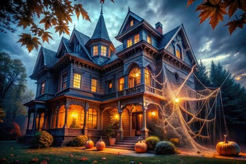 Fototapeta premium A spooky Victorian-style house is transformed into a haunted haven with eerie lighting, cobwebs, and a giant spider web, set to the rhythm of Halloween music.