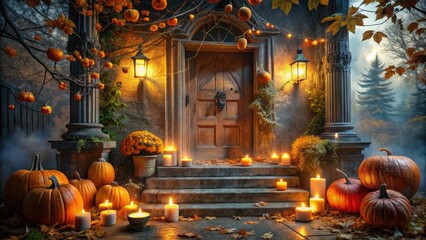A spooky yet elegant Halloween scene featuring a candles-lit porch with cobweb-draped pumpkins, autumn leaves, and a eerie mist-shrouded graveyard entrance in the background.