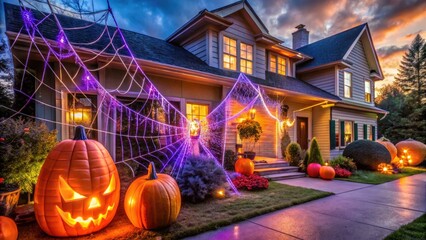 A spooky yet festive exterior scene features a suburban home transformed with orange and purple lights, fake spider webs, and a giant inflatable pumpkin display.