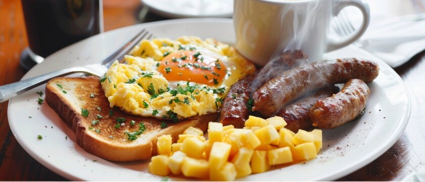A hearty breakfast plate with scrambled eggs, sausages, toast, and diced potatoes next to a steaming cup of coffee, ready to enjoy.