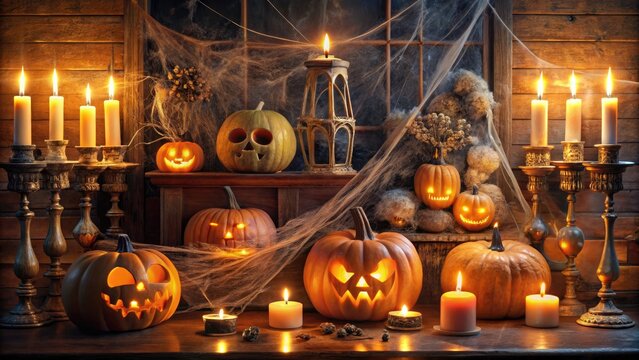 A spooky yet elegant vitrina adornment features glowing jack-o'-lanterns, cobweb-covered candles, and intricately arranged artificial skeletons, creating a hauntingly beautiful Halloween ambiance.