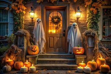 Obraz premium A spooky yet inviting Halloween doorway features a trio of jack-o-lanterns and a wispy ghost decoration, set against a warm and eerie autumnal evening atmosphere.