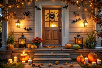 A spooky yet inviting porch features a simple yet effective DIY Halloween decoration with glowing candles, fake spiders, and a handmade "Boo" sign on a wooden door.