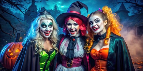 Fototapeta premium A spooky yet lovable witch, vampire, and ghost trio sport colorful costumes and friendly smiles, posing together in a haunted mansion setting at dusk.