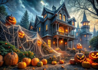Obraz premium A sprawling, eerie autumnal scene features an enormous, glowing jack-o'-lantern, gigantic spider webs, and oversized, intricately carved wooden ghosts on a haunted mansion's facade.