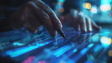 A closeup of a programmer's hands efficiently scrolling through digital code on a tablet featuring a stylus pen close by for quick annotations highlighting productivity and innovation in technology